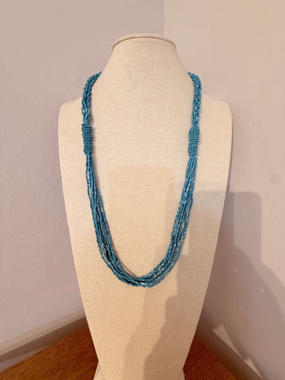 Turquoise Blue Multi-Strand Seed Bead Necklace 28”